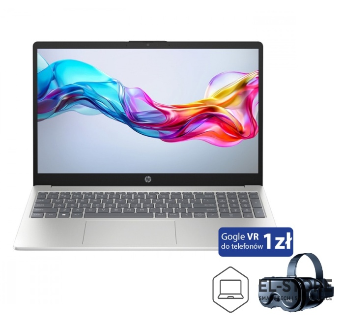 Srebrny laptop HP na prezent komunijny z okularami VR w zestawie.
